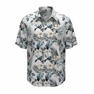 Cubavera Mens Large Blue Floral Palm Leaf‎ Tropical Short Sleeve Button Shirt